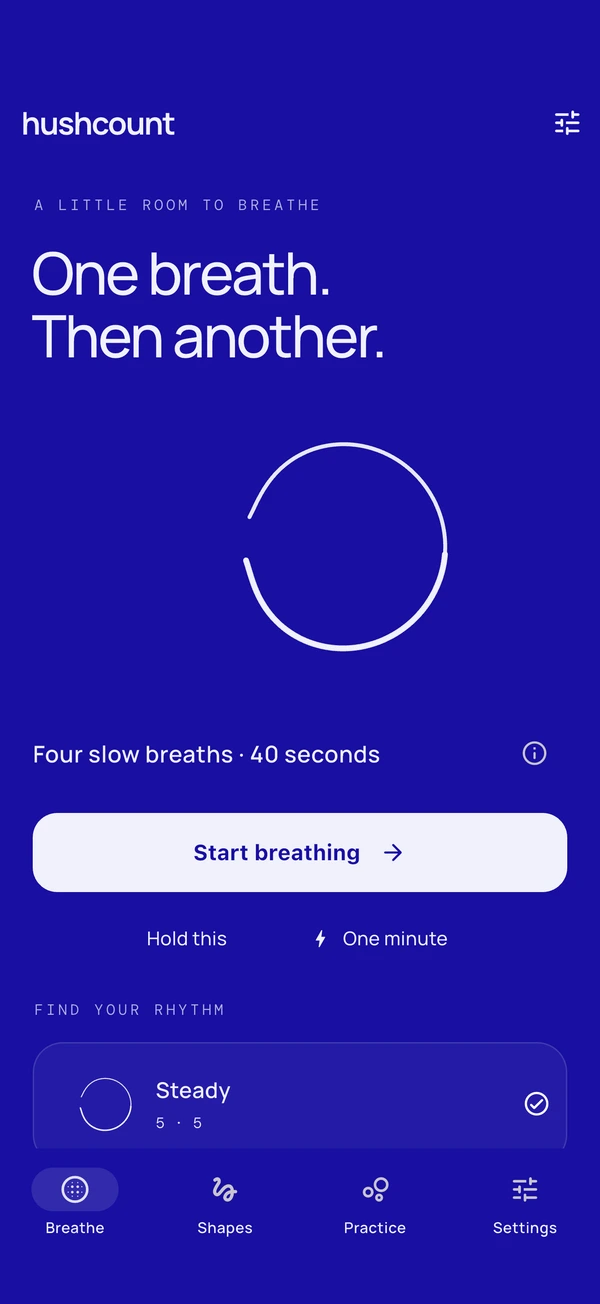 Hushcount home screen with the Steady breathing shape and Start control